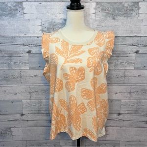 Sonoma Beige Peach French Terry Floral Flutter Sleeve Top Size XL